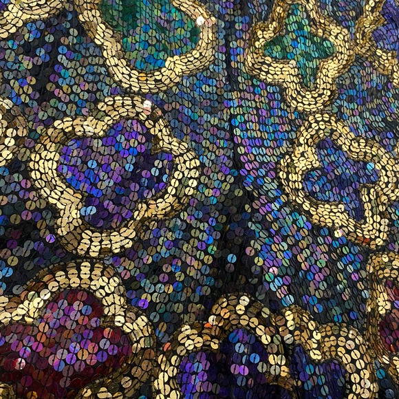 Vintage SNF Silk Sequin Shorts Quatrefoil Flower Glitz Glam Black Gold Peacock - Picture 2 of 7